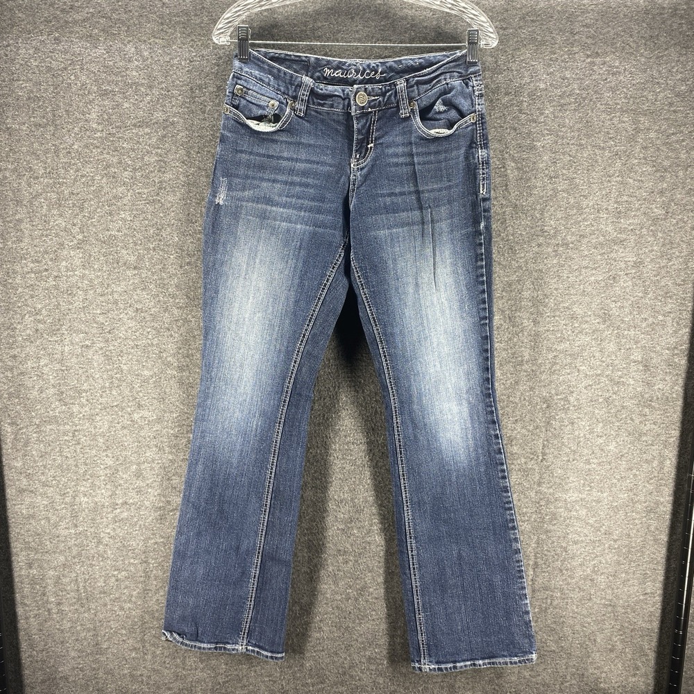 Maurices Jeans Womens 3/4 Long Blue Curvy Bootcut Dark Wash Distressed Stretch
